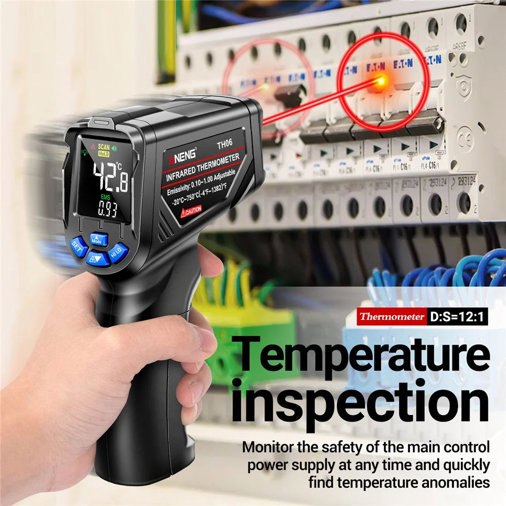 ANENG TH06 Digital Infrared Thermometer Temperature Gun -20 - 750 Degrees Celsius Handheld Non Contact Reverse Screen Industrial Tool - Black - 3