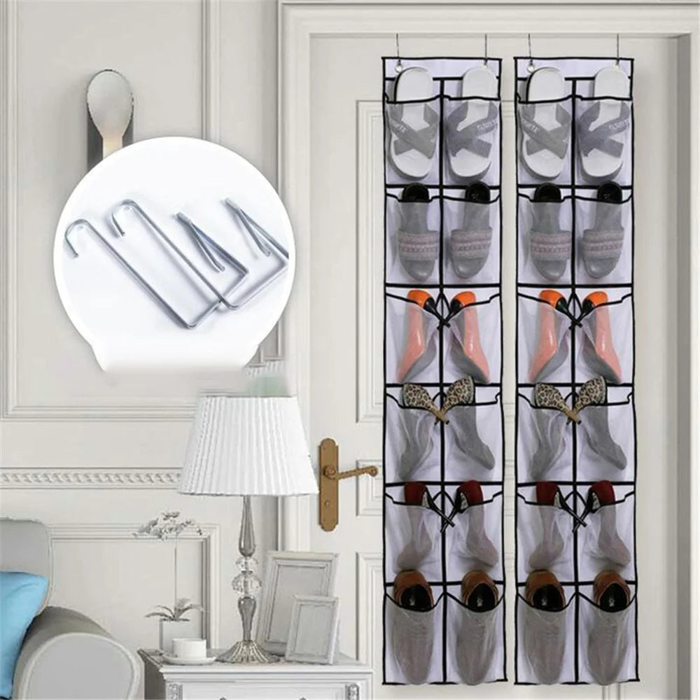 12 Pockets Over Door Shoes Organizer Non-Woven Transparent PVC Shoes Hanging Storage Bag - White - 2