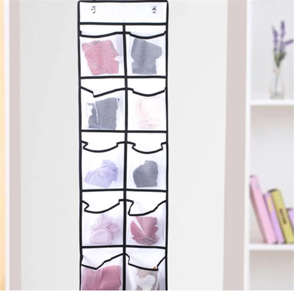 12 Pockets Over Door Shoes Organizer Non-Woven Transparent PVC Shoes Hanging Storage Bag - White - 4