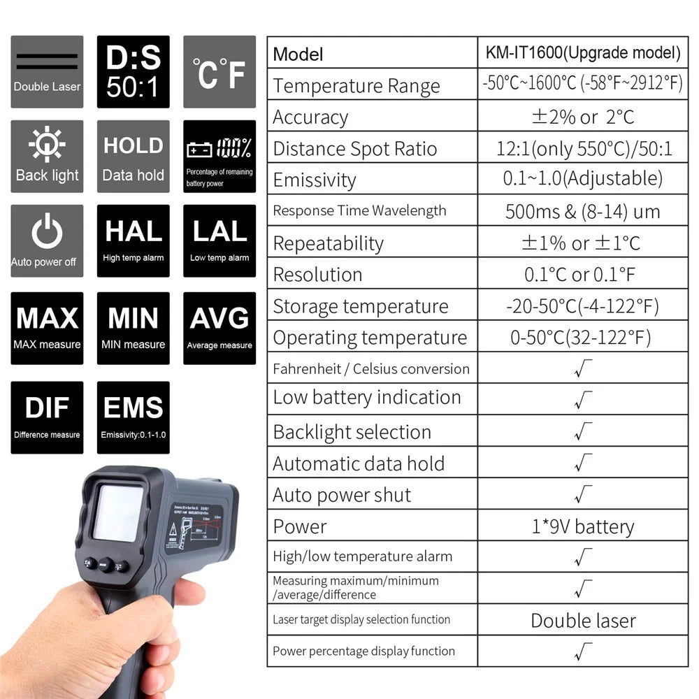 KAEMEASU KM-IT1600 Double Laser Digital Infrared Non-Contact Electronic Thermometer Gun - 3