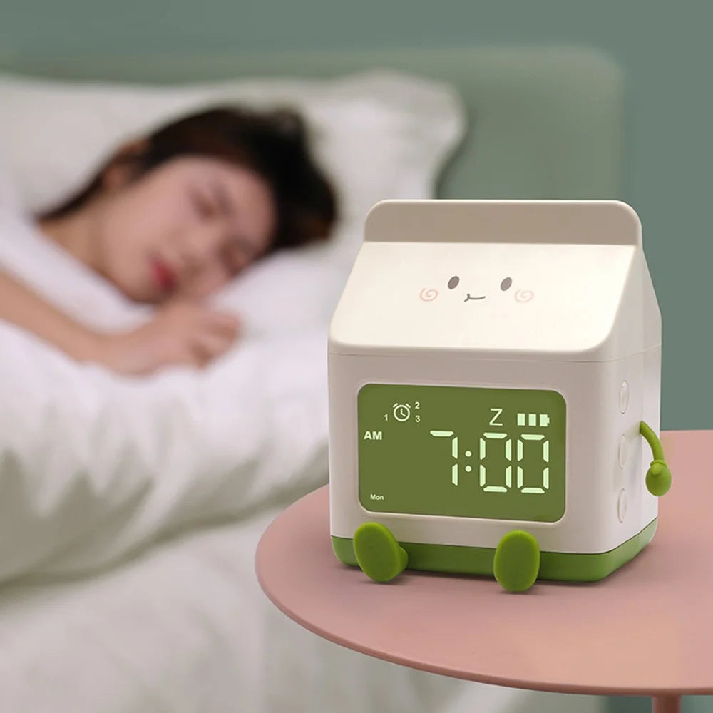 Milk Box Shape Clock with Snooze Kids LED Smart Clock Rechargeable Alarm Clock for Bedroom Room - Green - 2