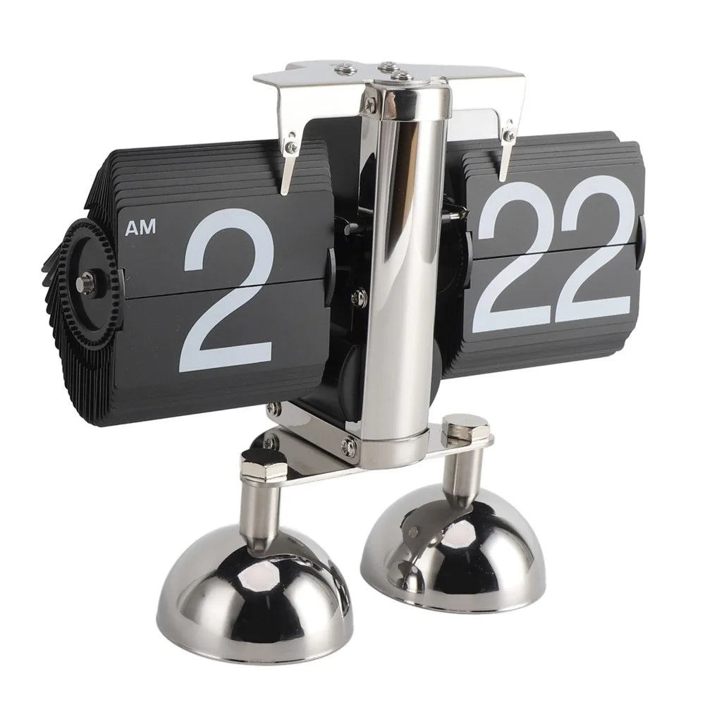 Automatic Flip Clock Retro Simple Home Living Room Table Clock Dual Foot Stainless Steel Quartz Movement Flip Clock - Black - 1
