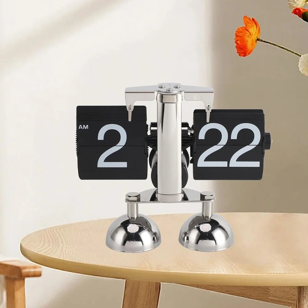 Automatic Flip Clock Retro Simple Home Living Room Table Clock Dual Foot Stainless Steel Quartz Movement Flip Clock - Black - 2