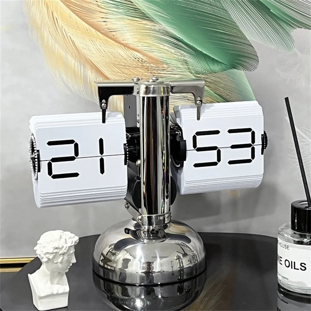 Automatic Flip Clock Quartz Movement Single Foot Retro Simple Home Table Clock 24-Hour Stainless Steel White Page Digital Font - 2
