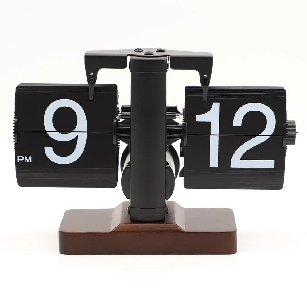 Automatic Flip Clock Retro Simple Home Table Clock Single Foot Stainless Steel Quartz Movement Flip Clock Walnut Square Base - Black - 1