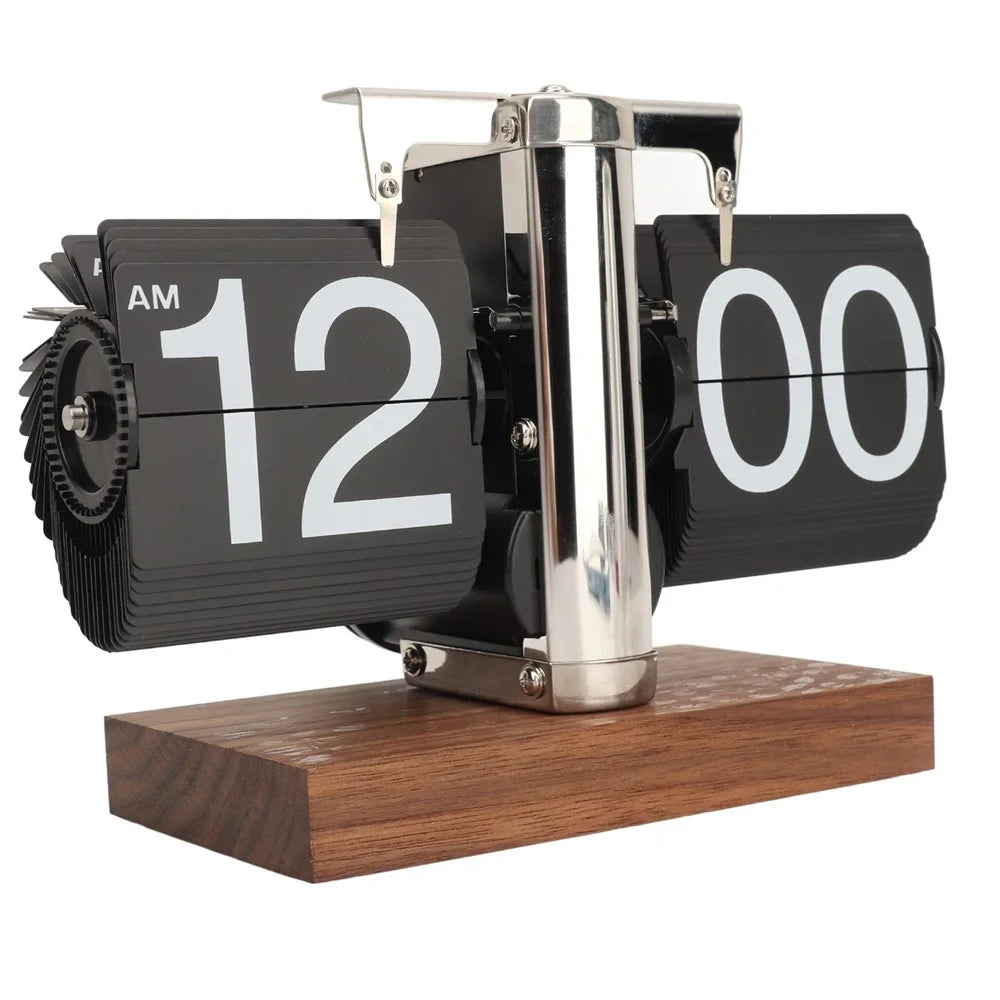 Automatic Flip Clock Retro Simple Desk Clock Single Foot Stainless Steel Quartz Movement Flip Clock Square Walnut Base - 12-Hour Style - 2