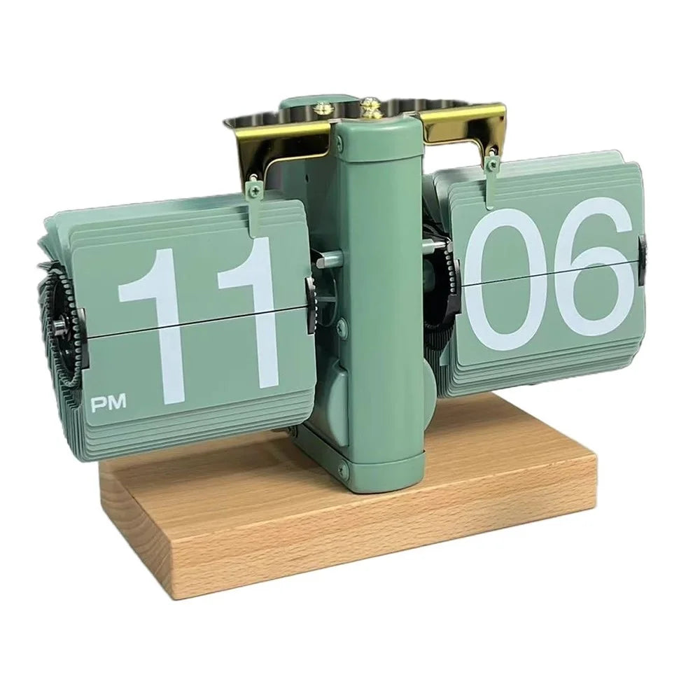 Automatic Flip Clock Retro Simple Home Table Clock Single Foot Stainless Steel Quartz Movement Flip Clock Square Flat Bottom Beech Wood - Green - 1
