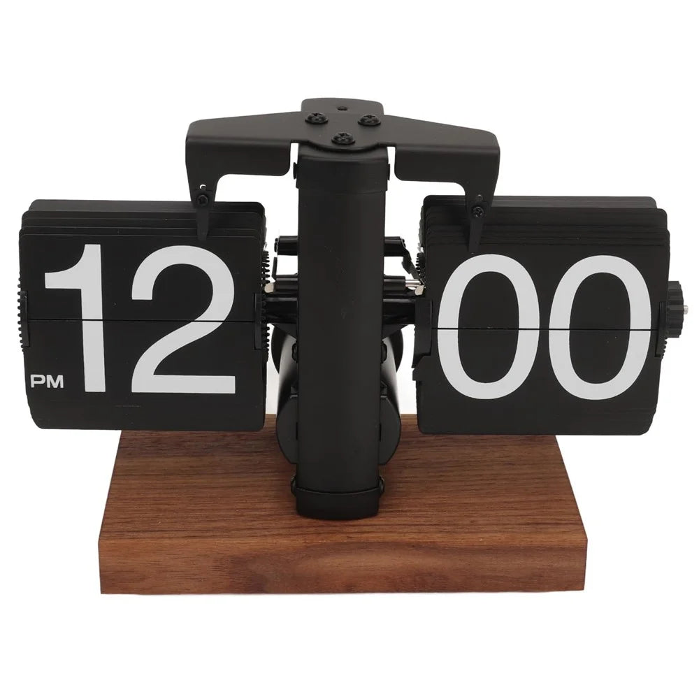 Automatic Flip Clock Retro Home Table Clock Single Foot Stainless Steel Quartz Movement Flip Clock Square Wooden Base - Black 12-Hour - 2