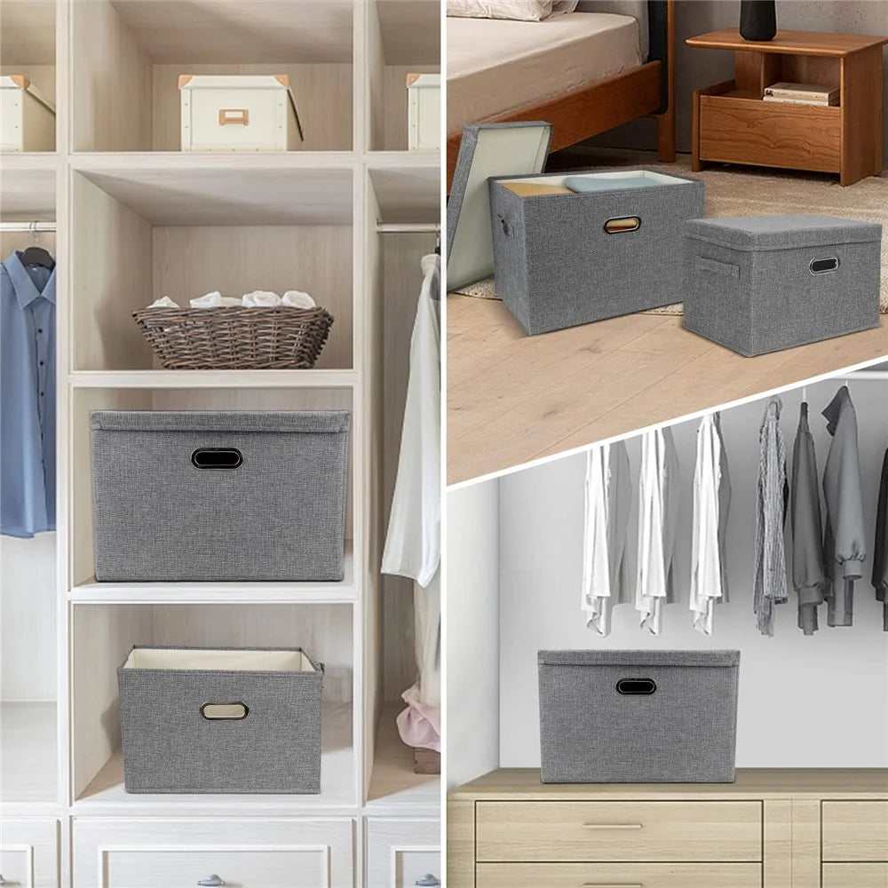Cotton Linen Foldable Storage Box with Lid Medium Size 37 x 27 x 26cm Organizer Container for Home Use - Grey - 5