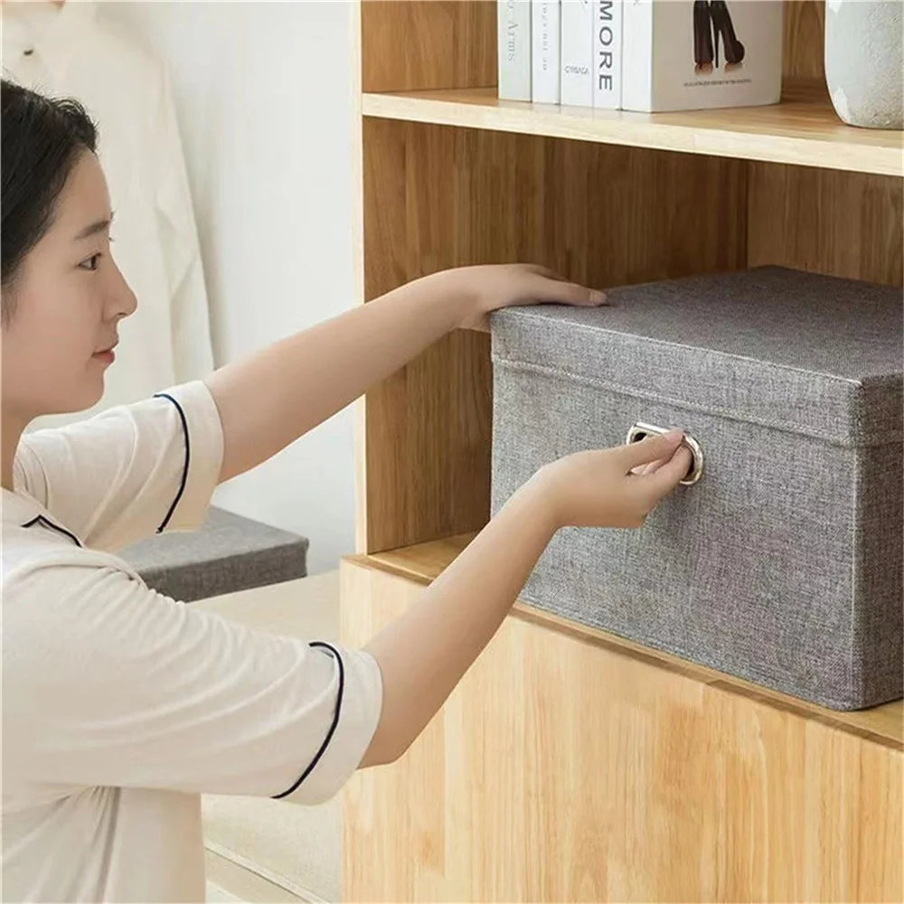 Cotton Linen Foldable Storage Box with Lid Medium Size 37 x 27 x 26cm Organizer Container for Home Use - Grey - 7