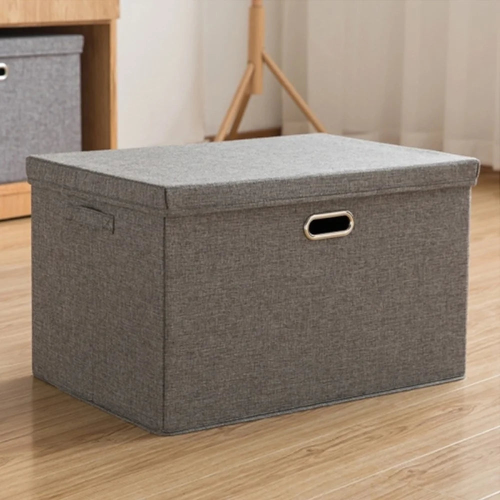 32 x 24 x 18cm Cotton Linen Fabric Storage Box with Lid Foldable Organizer Container for Clothes Toys - Grey - 2