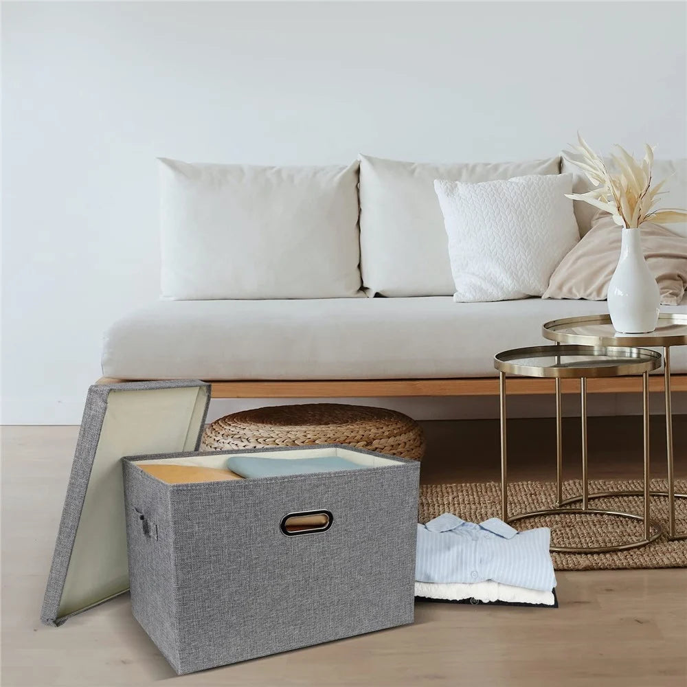 32 x 24 x 18cm Cotton Linen Fabric Storage Box with Lid Foldable Organizer Container for Clothes Toys - Grey - 6