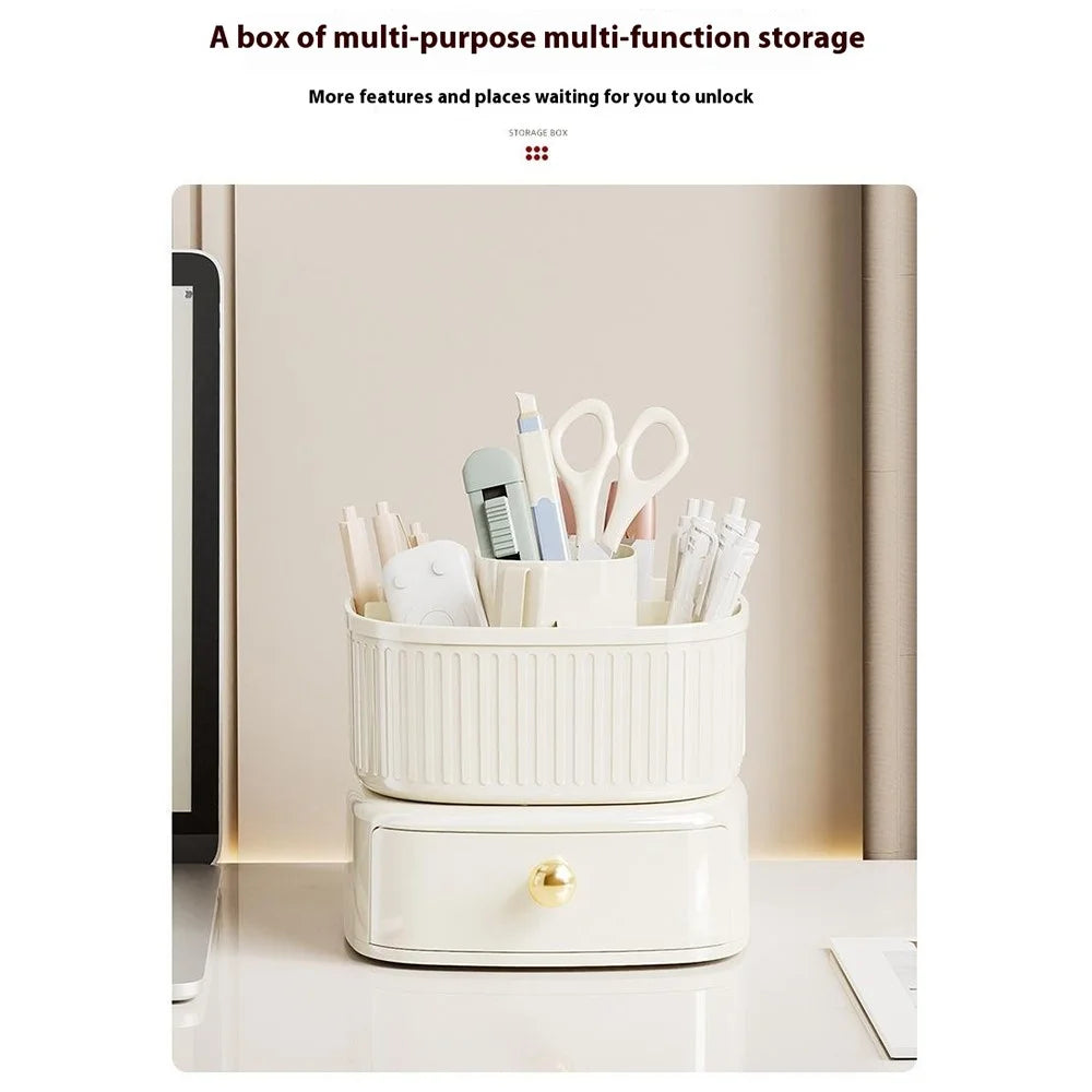 Rotating Makeup Organizer with Drawer Cosmetic Brush Holder Lipstick Eyebrow Pencil Storage Rack - Beige - 5