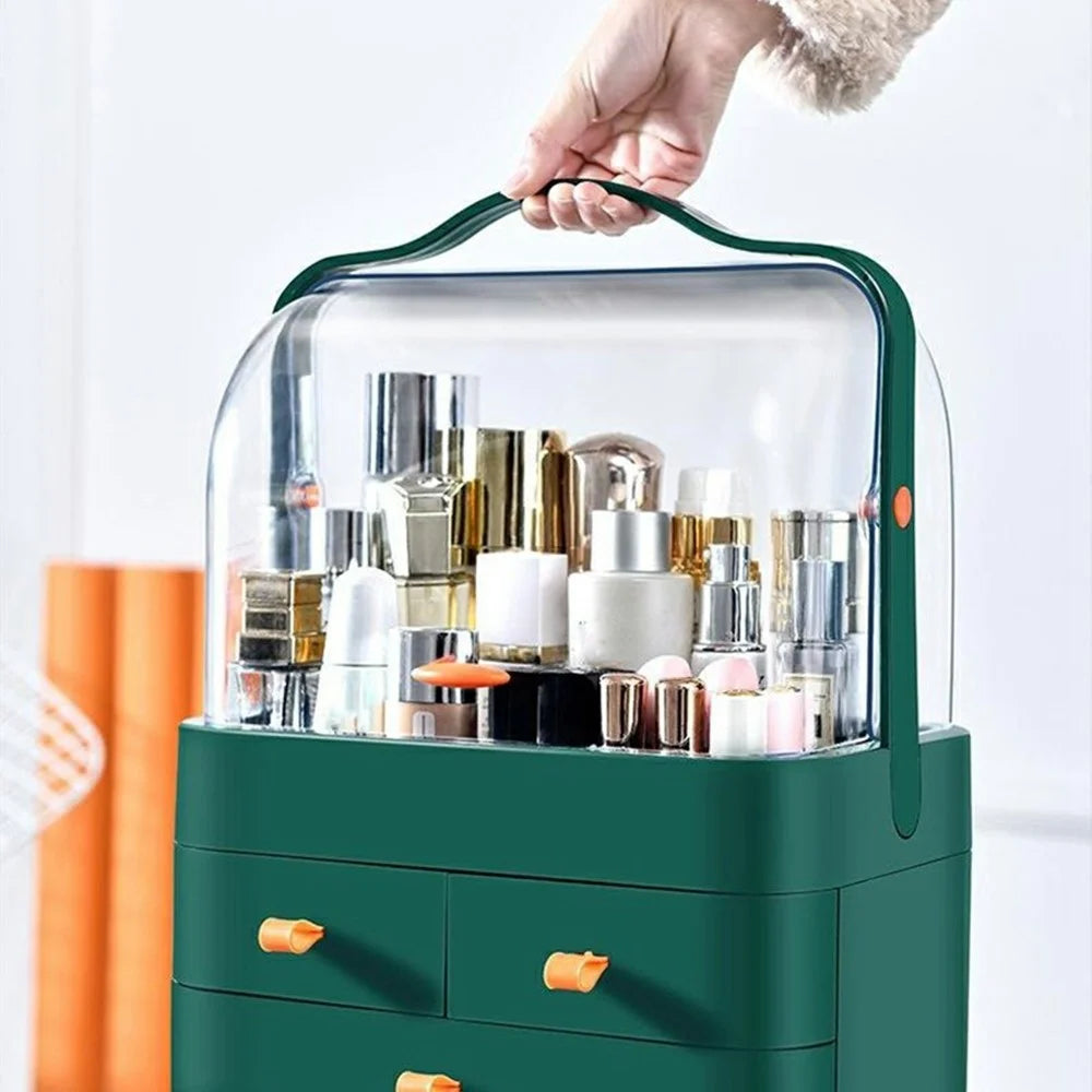 Large Size Cosmetic Organizer with Drawers Dustproof Makeup Skincare Products Storage Box - Blackish Green - 4