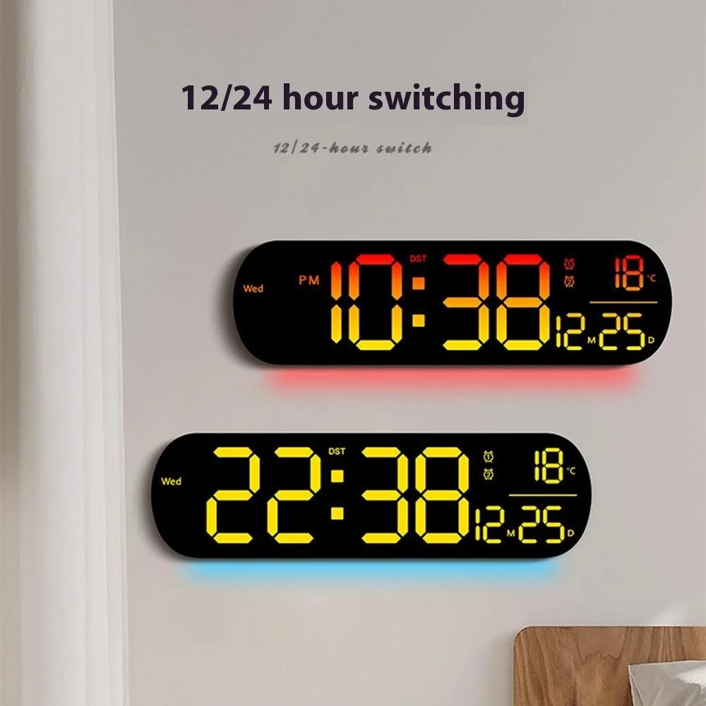 6651R RGB LED Digital Wall Clock Living Room Large Display Week Date Temperature Alarm Clock - 2
