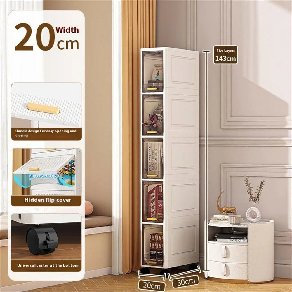 Foldable 5 Tier PP Storage Cabinet Transparent Door Kitchen Living Room Narrow Space Organizer with Wheels - 2
