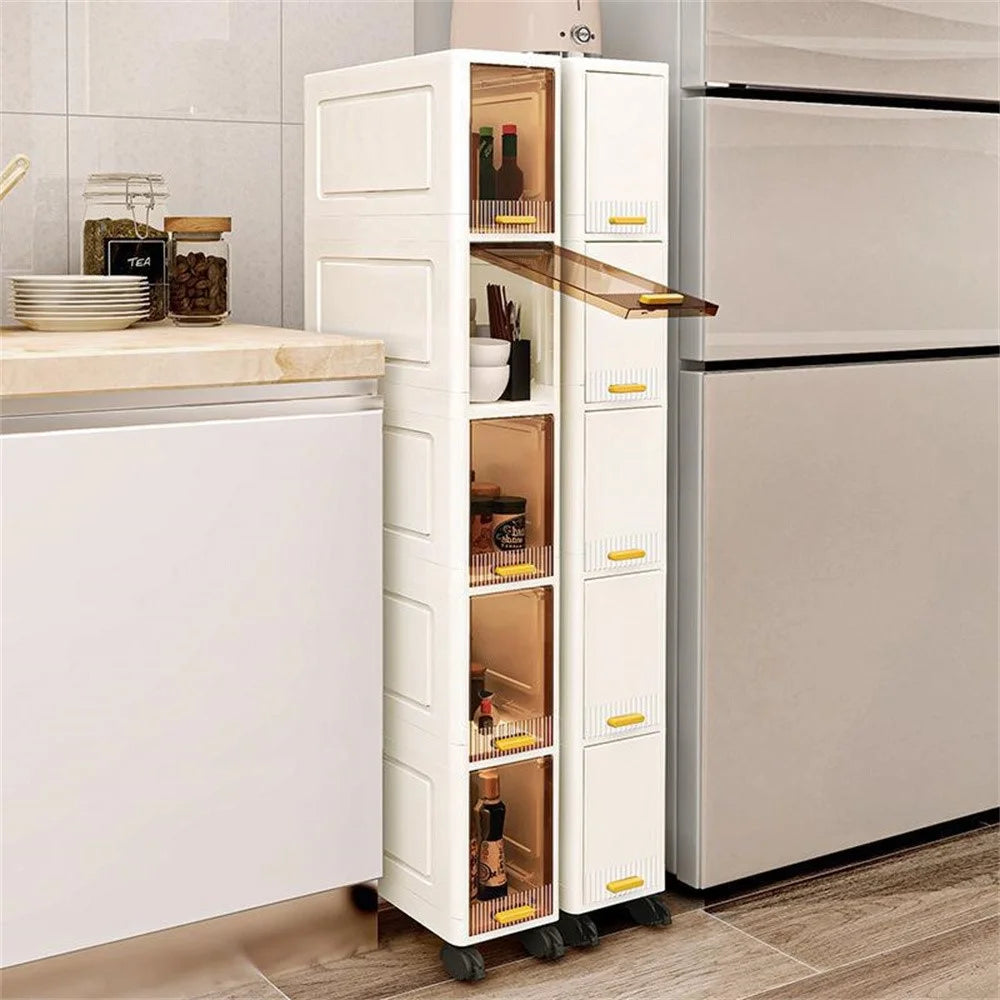 Foldable 5 Tier PP Storage Cabinet Transparent Door Kitchen Living Room Narrow Space Organizer with Wheels - 3