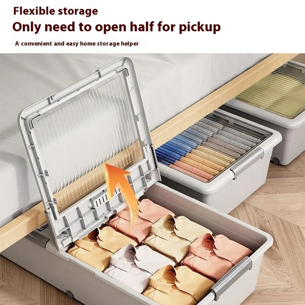 Under Bed Clothes Bedding PP Storage Box Foldable Double-Sided Lid Dustproof Organizer with Wheels, 100x50x16.5cm - Grey - 7