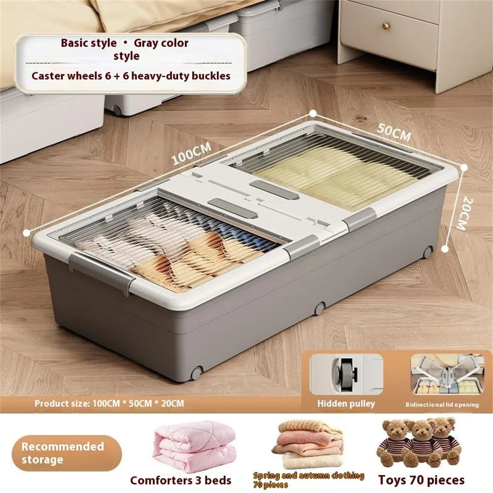 Under Bed Clothes Bedding PP Storage Box Foldable Double-Sided Lid Dustproof Organizer with Wheels, 100x50x20cm - Grey - 2