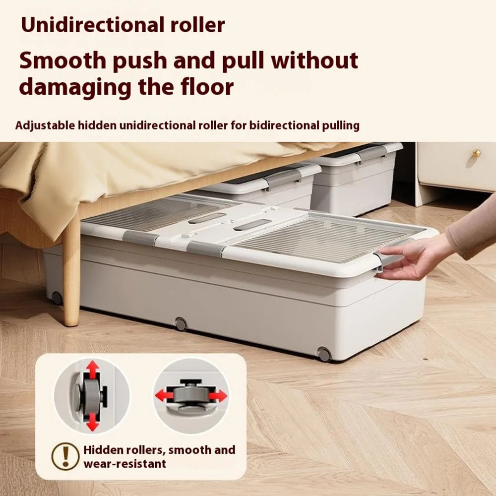 Under Bed Clothes Bedding PP Storage Box Foldable Double-Sided Lid Dustproof Organizer with Wheels, 100x50x28.5cm - Grey - 5
