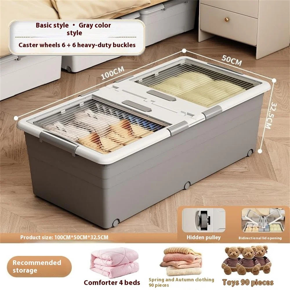 Under Bed Clothes Bedding PP Storage Box Foldable Double-Sided Lid Dustproof Organizer with Wheels, 100x50x32.5cm - Grey - 2