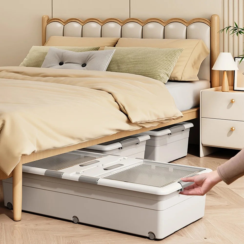 Under Bed Clothes Bedding PP Storage Box Foldable Double-Sided Lid Dustproof Organizer with Wheels, 100x50x32.5cm - Grey - 3