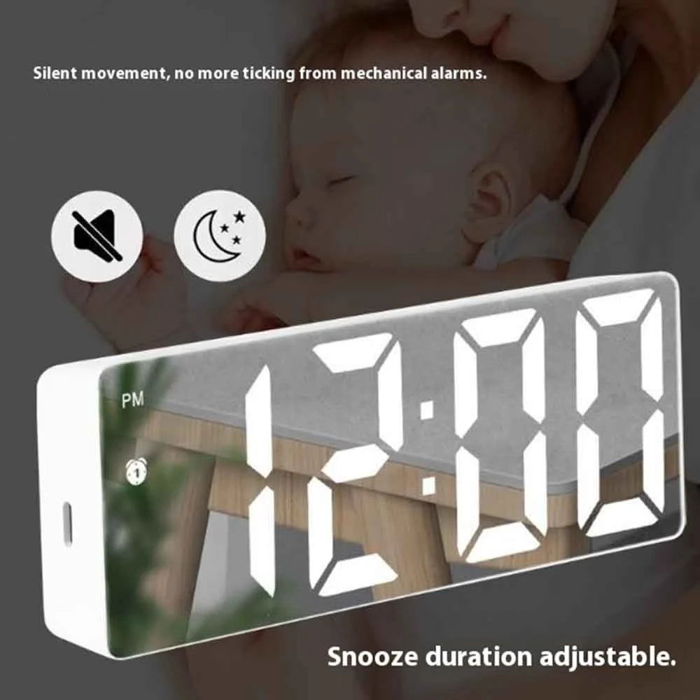 LED Digital Alarm Clock for Students Mirror Surface Desktop Clock with Voice Control Function - Black Shell+Black Surface+White Light - 2