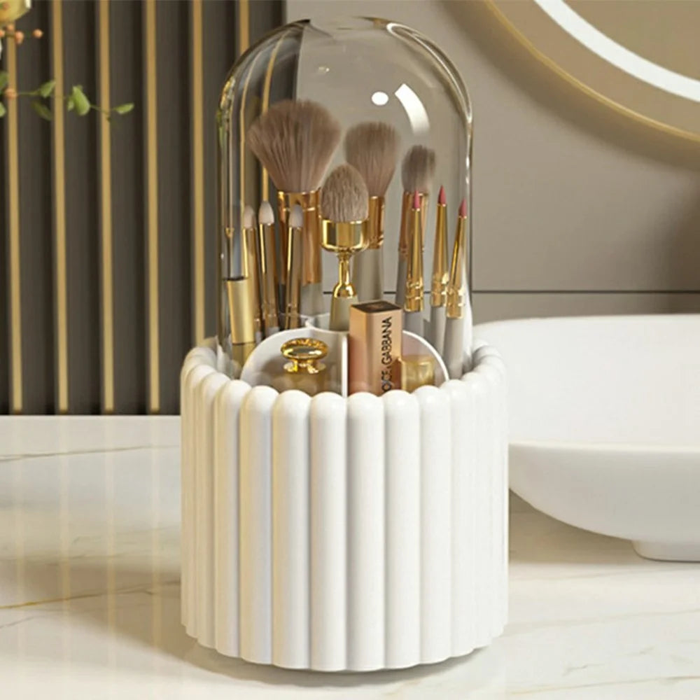 7 Compartments Rotating Makeup Brush Holder Organizer for Vanity Table Cosmetic Storage Container, with Lid - White - 1