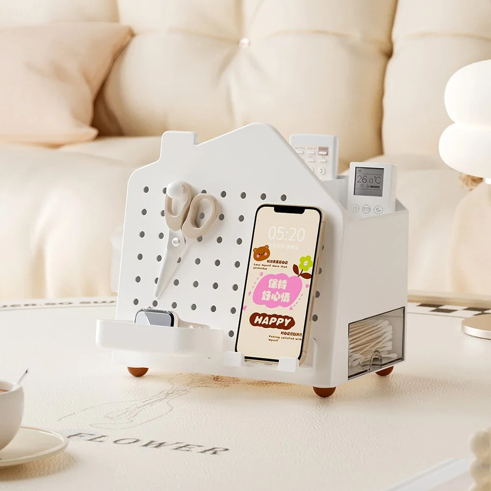 Desktop Organizer with Pegboard Paper Tissue Holder Stationery Cosmetic Storage Rack Office Pen Holder - White - 2