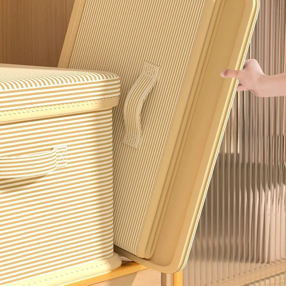 45×35×25cm Large Striped Storage Box Foldable Lidded Organizer with Reinforced Handles for Wardrobe Closet - Beige Stripe - 6