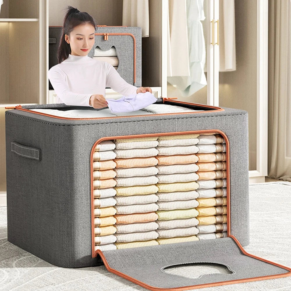 100L 60 x 42 x 40CM Foldable Storage Box with Cat Ear Window Cationic Fabric Steel Frame Organizer - Blue - 2