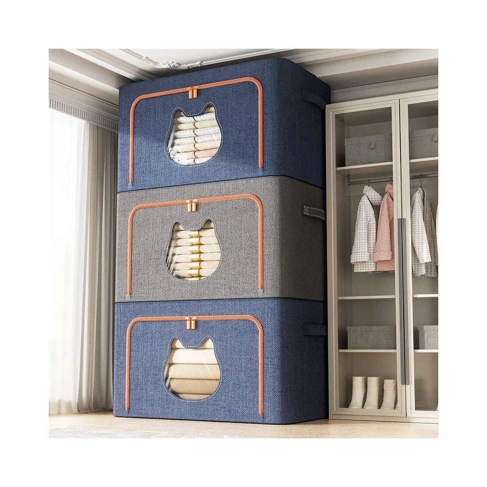 100L 60 x 42 x 40CM Foldable Storage Box with Cat Ear Window Cationic Fabric Steel Frame Organizer - Blue - 6