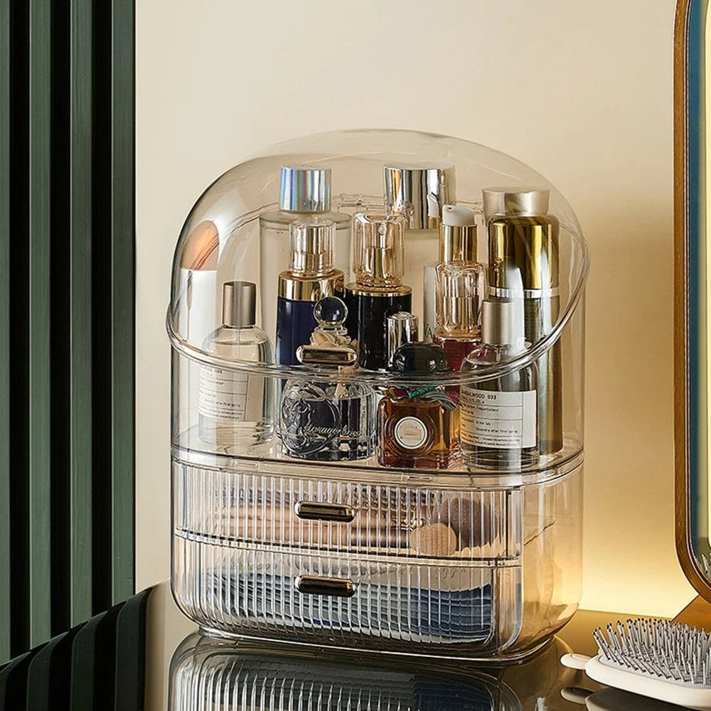 Clear Makeup Organizer Box With Lid 2 Drawer Storage Cosmetic Case Desktop Dustproof Beauty Organizer - Transparent - 2