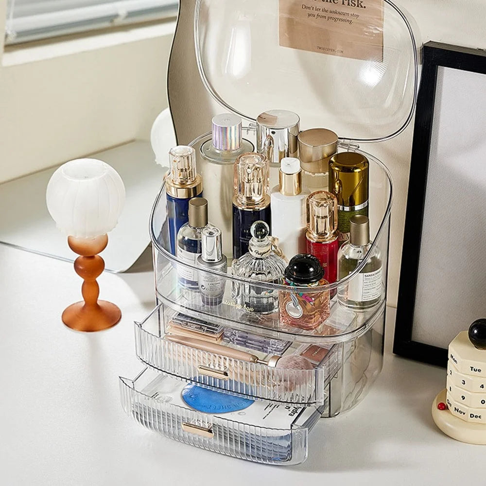 Clear Makeup Organizer Box With Lid 2 Drawer Storage Cosmetic Case Desktop Dustproof Beauty Organizer - Transparent - 5