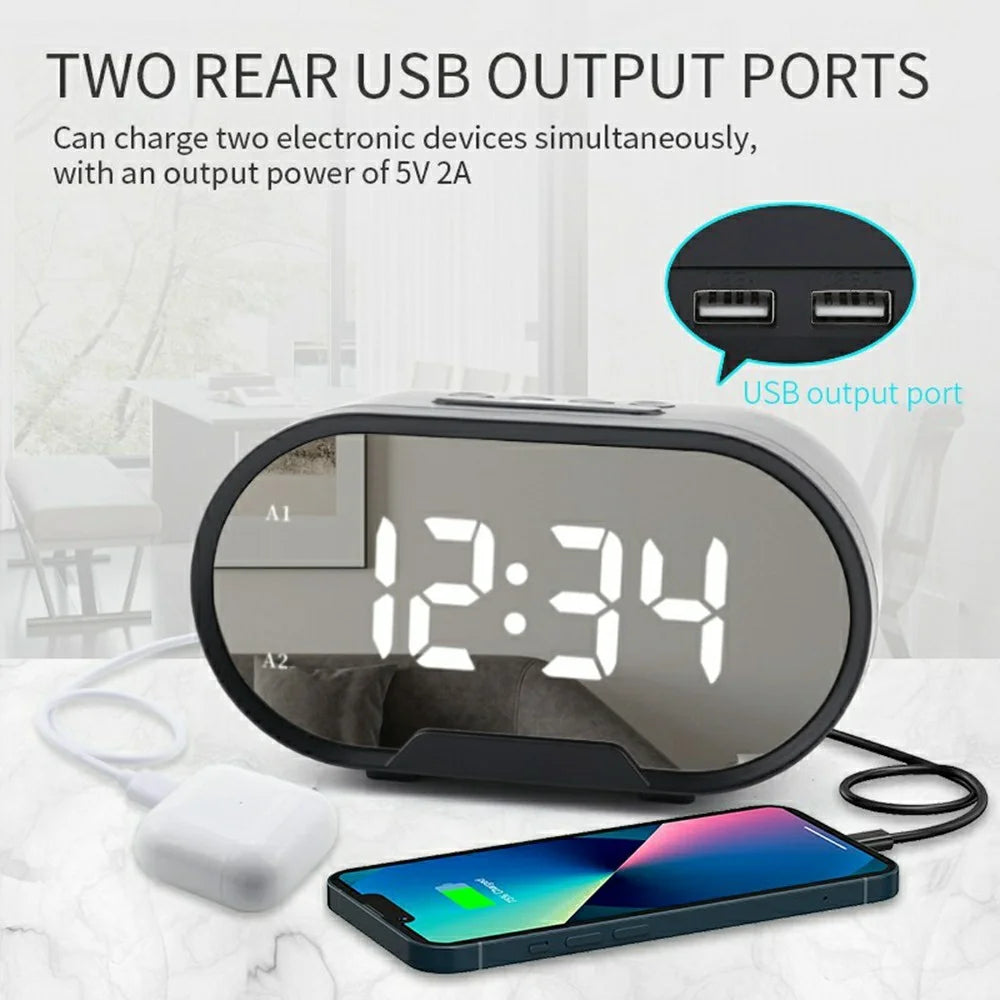 TS-R900 5.5 Inch LED Mirror Clock Dual USB Charging Stepless Brightness Digital Alarm Clock for Bedroom - Black - 2