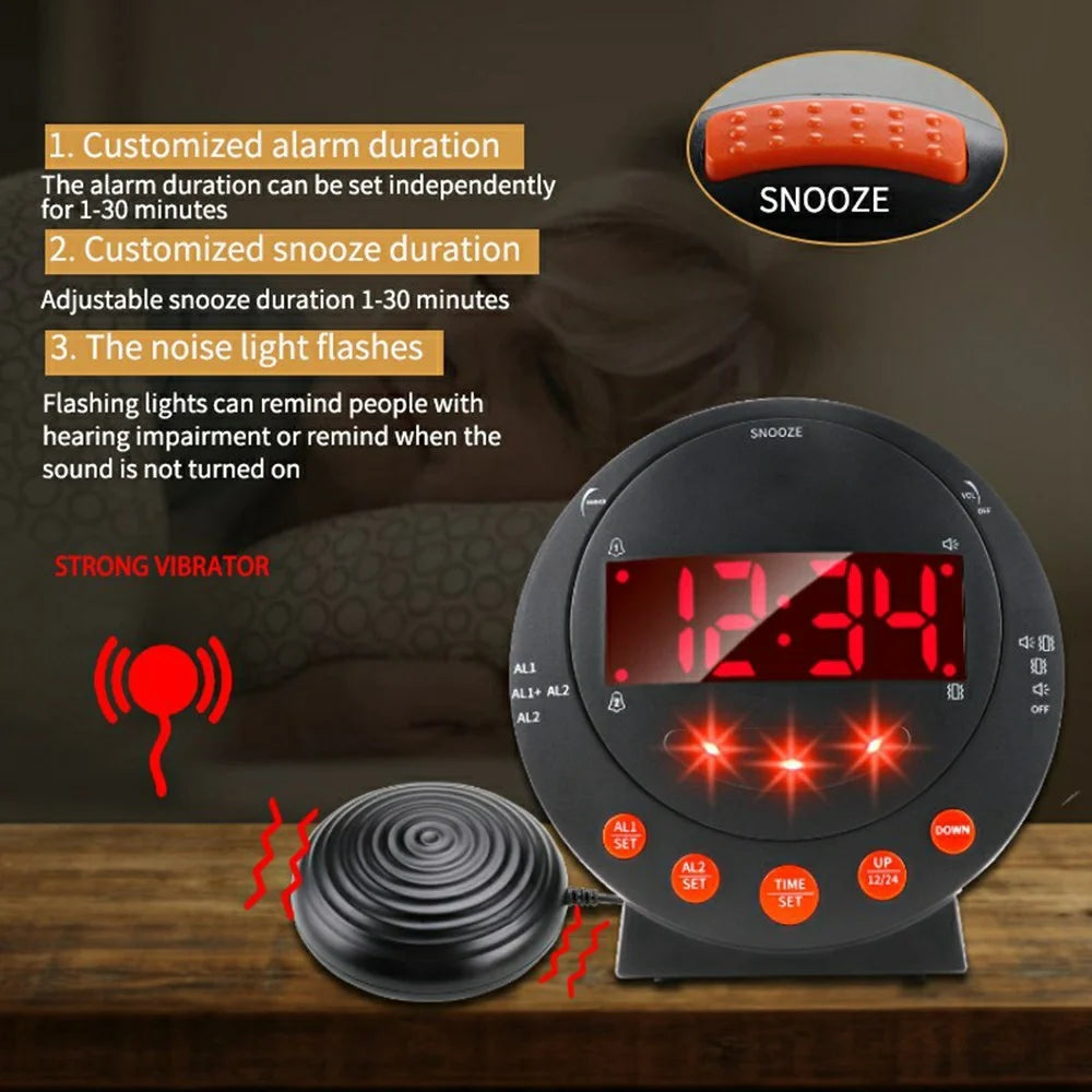 TS-BC630 Vibrating LED Alarm Clock 3.74in Digital Display 115dB Strong Vibration Doorbell Phone Call Reminder - Black - 3