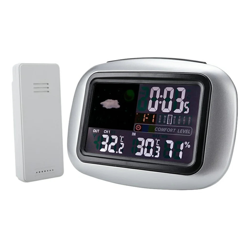 TS-77 Wireless Color Weather Station Indoor Outdoor Thermometer Hygrometer Alarm Clock 3 Sensors Weather Monitoring Clocks - Silver - 1