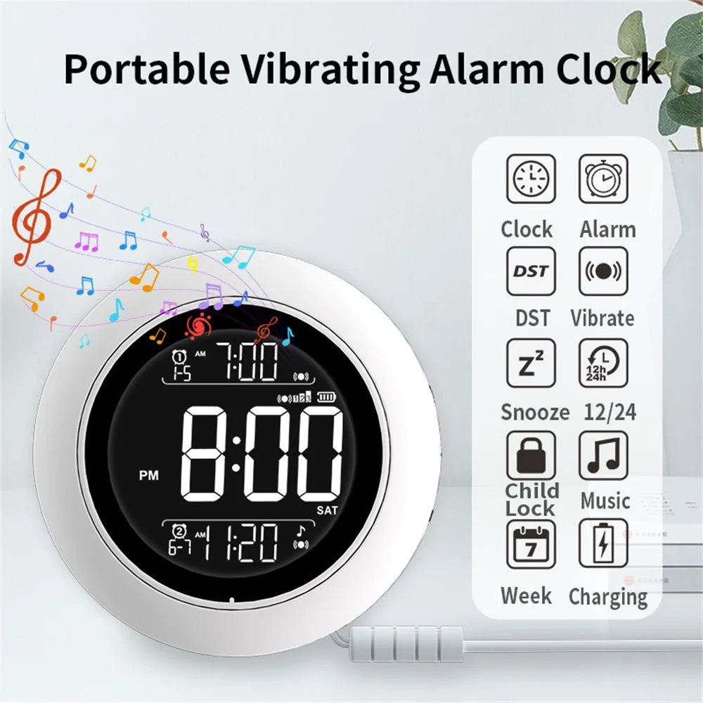 TS-BC800 Portable Vibrating Alarm Clock Music Playback Function Dual Alarm 3-Level Vibration Digital Desk Clock - White - 7