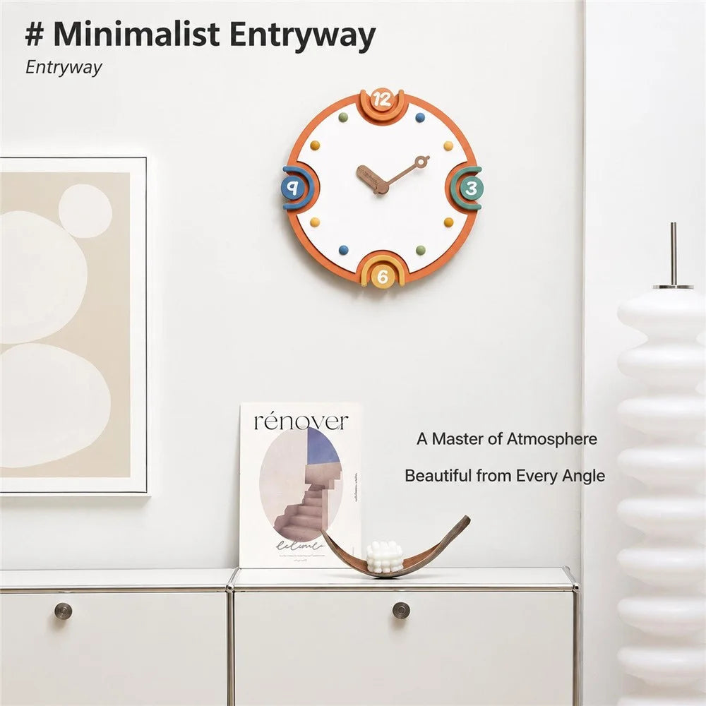Modern Minimalist Wall Clock Pine MDF Walnut Hands Colorful Hour Markers Decorative Clock for Living Room Bedroom - Orange - 2