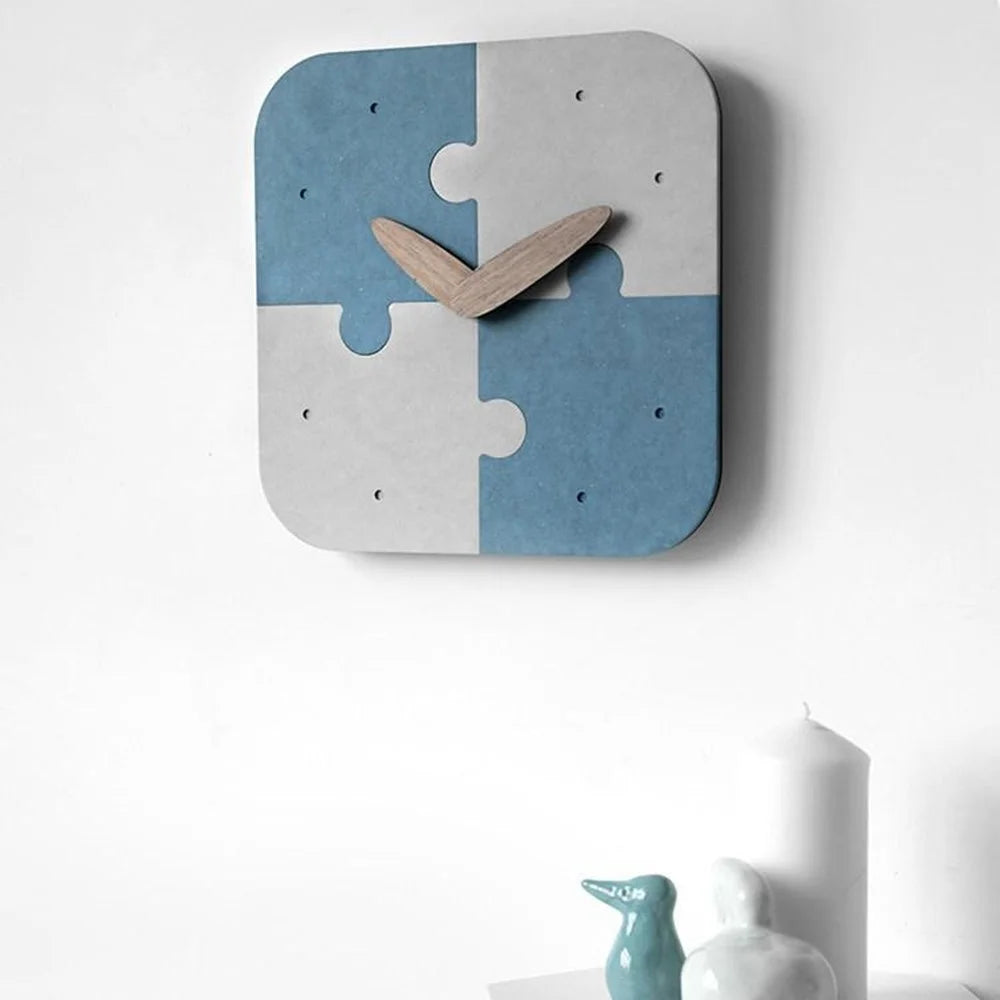 Square Wall Clock Color-Blocked Puzzle Panel Silent Movement Wooden Hands Decorative Clock for Living Room - Blue - 2