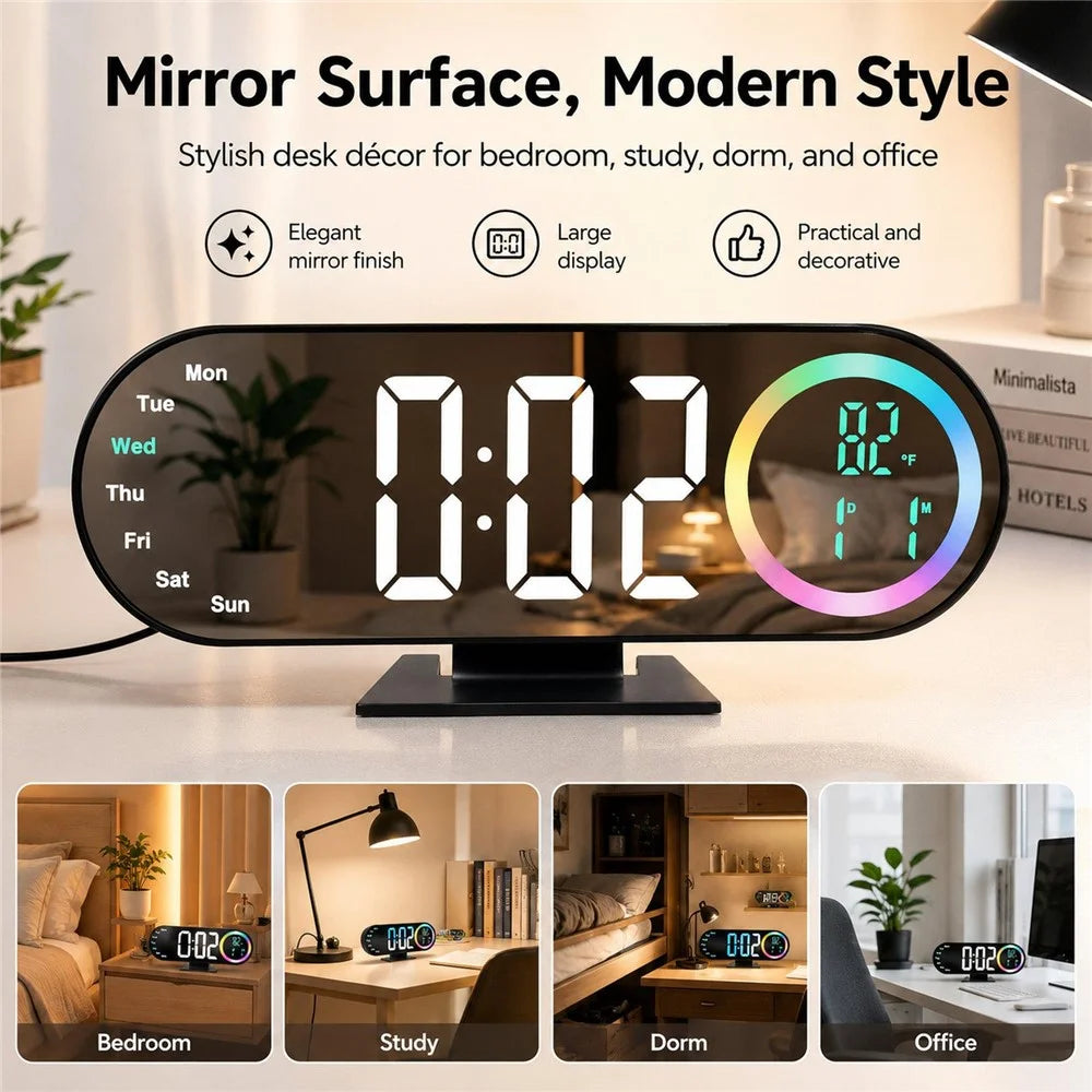 RGB Mirror LED Digital Alarm Clock Large Display Multi-Color Ambient Light Temperature Desk Clock for Bedroom Office - White Light - 2