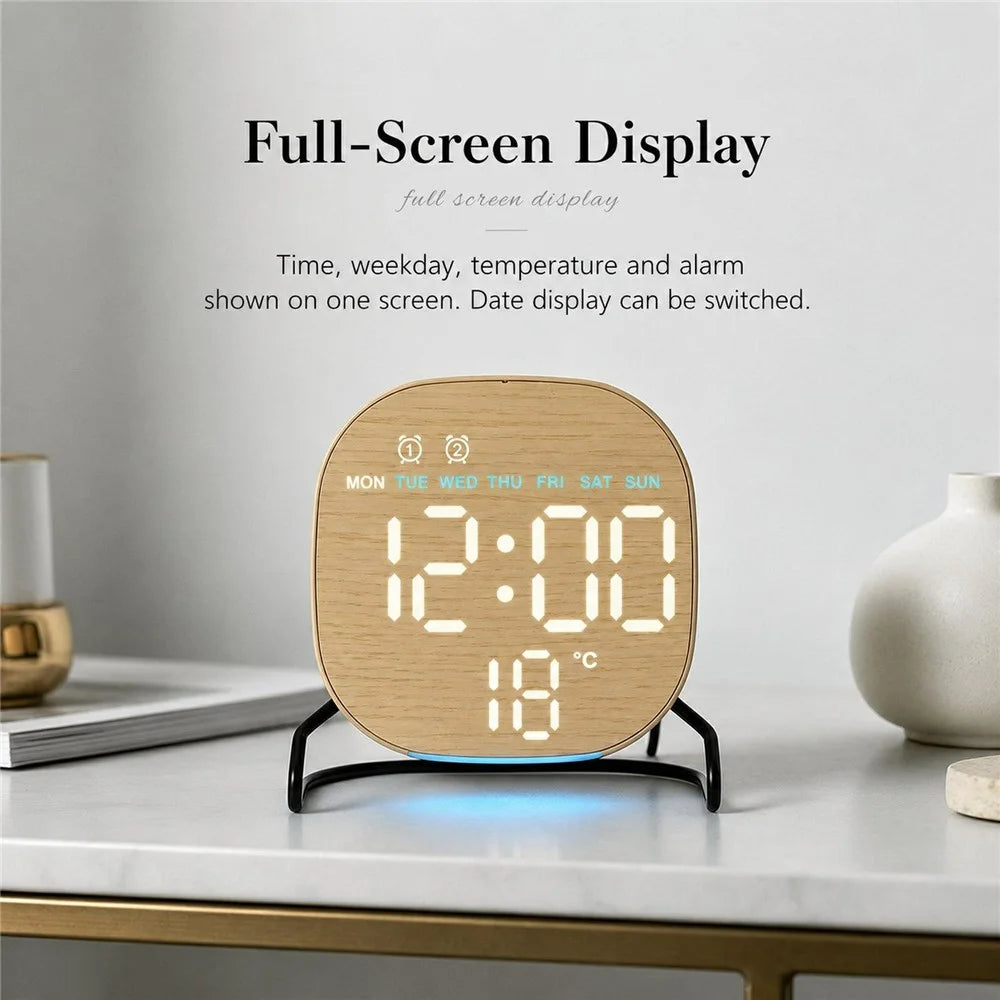 LED Digital Desk Clock Metal Stand Ambient Light Countdown Timer Temperature Bedside Alarm Clock - 2815 Round Shape  /  Yellow - 2
