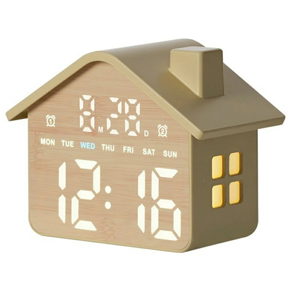House Shaped Digital Alarm Clock LED Night Light Dual Alarm 4-Level Brightness Bedside Table Clock - GH8063  /  Yellow - 1