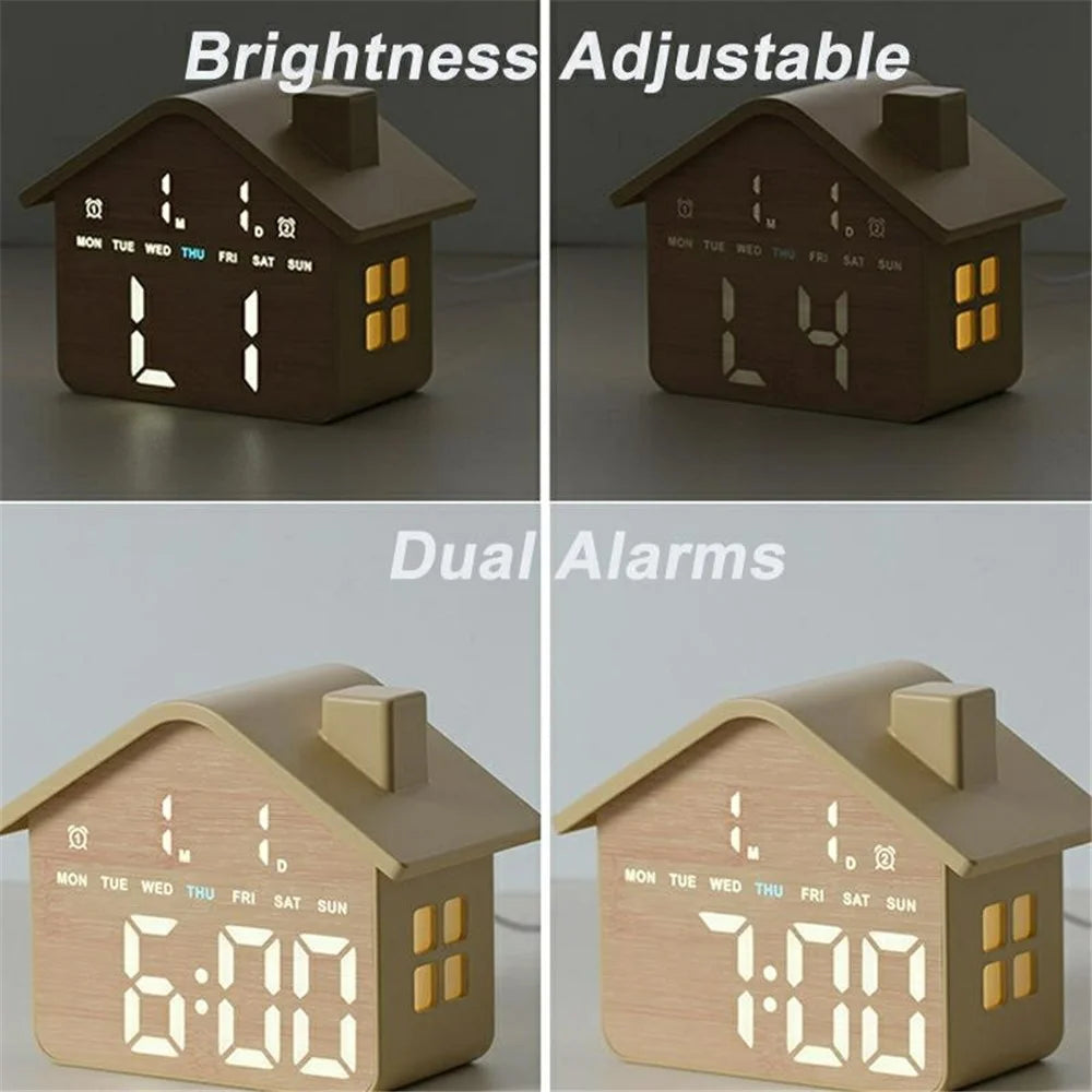House Shaped Digital Alarm Clock LED Night Light Dual Alarm 4-Level Brightness Bedside Table Clock - GH8063  /  Yellow - 3