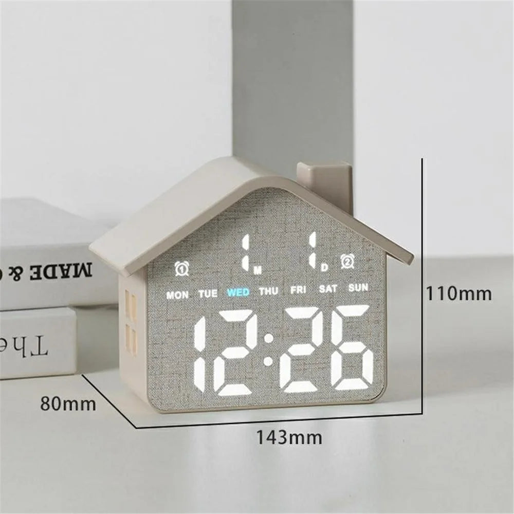 House Shaped Digital Alarm Clock LED Night Light Dual Alarm 4-Level Brightness Bedside Table Clock - GH8063  /  Yellow - 7