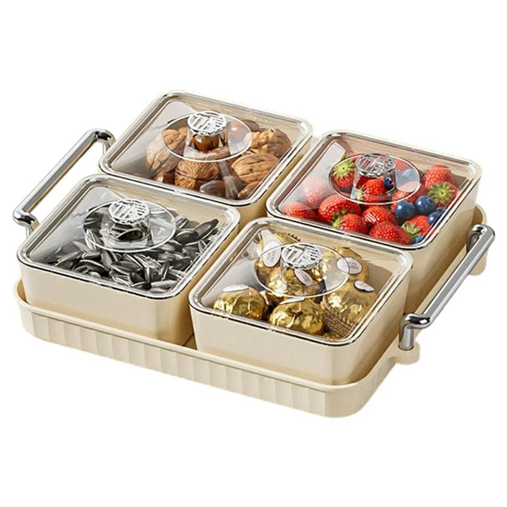 4-Compartment PET Snack Tray with Lid Dustproof Food Storage Box Fruit Candy Container (BPA Free, No FDA) - Creamy White - 1