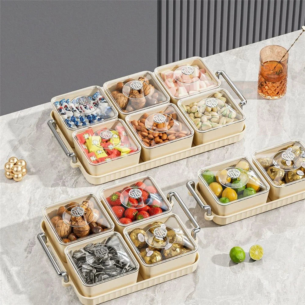 4-Compartment PET Snack Tray with Lid Dustproof Food Storage Box Fruit Candy Container (BPA Free, No FDA) - Creamy White - 4