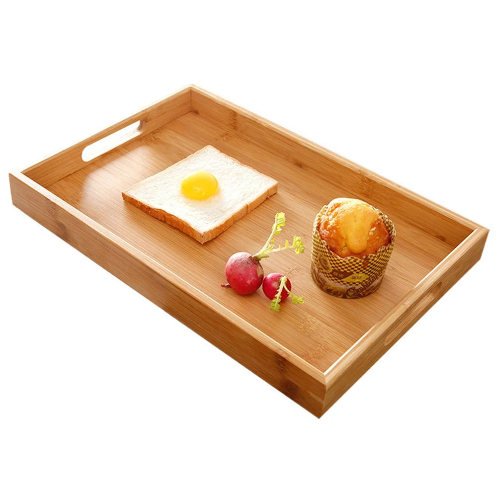 38*25*4cm Natural Color Bamboo Food Serving Tray  Wide Handles Design Raised Edge Decorative Trays for Living Room/Restaurants - 2