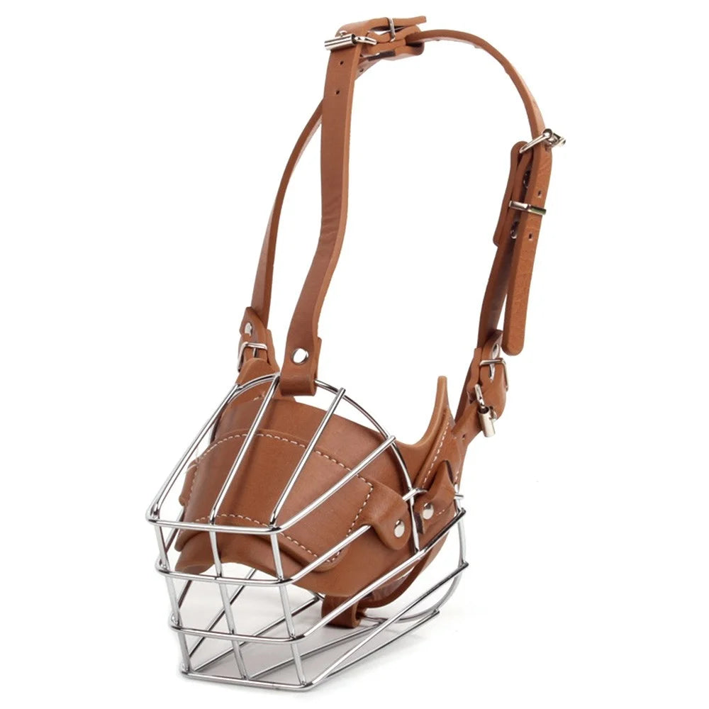 Adjustable Leather Straps Wire Basket Dog Anti-bite Muzzle Protective Mouth Cover Accessories, Size M - Brown - 1
