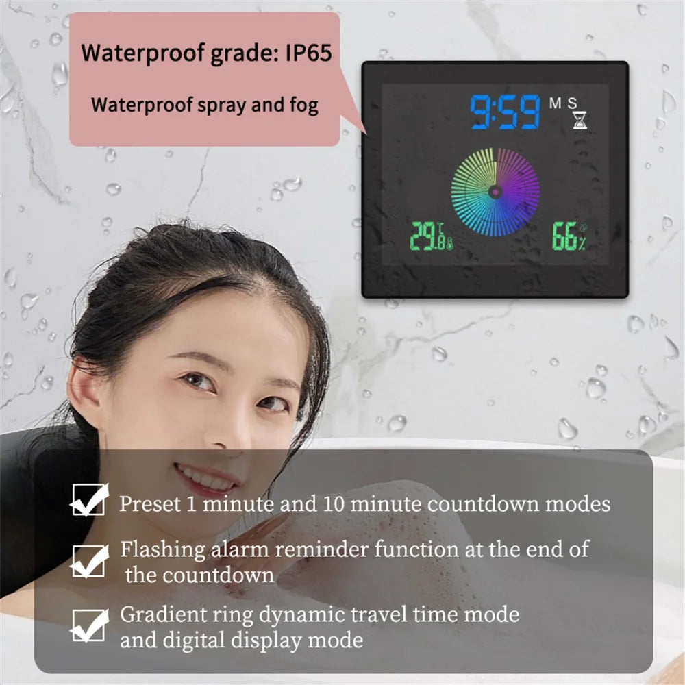 TS-WP10 Color Screen Alarm Clock Temperature Humidity Display Waterproof Bathroom Clock with Suction Cup - Black - 2